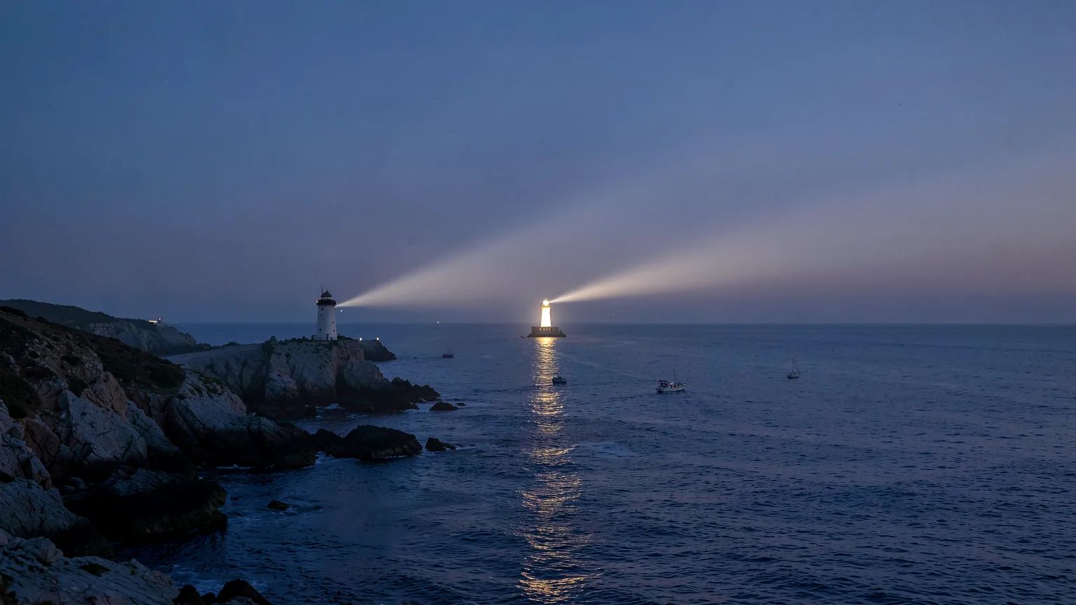 Faro en la costa española iluminando el camino a varios barcos pequeños al atardecer, ilustración editorial